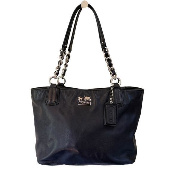 COACH Madison Handbag 8668 Black Pebble Leather Tote Silver Tone Chain Strap - Picture 1 of 16